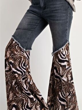 easel Black Denim Flare Jeans with Brown Animal-Print Panels